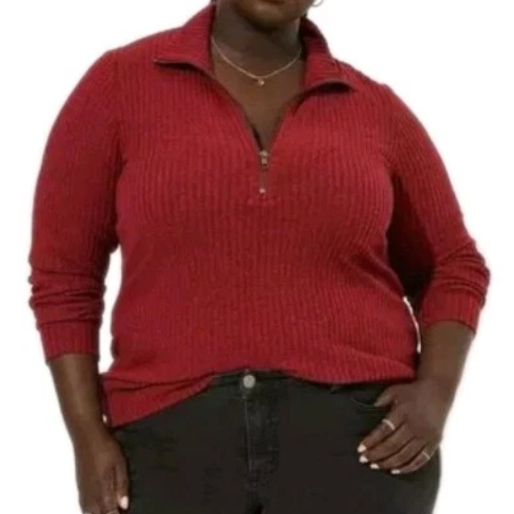 Torrid Sweater Woman Plus 5X Rhubard Red Qtr Zip Pullover Ribbed Knit